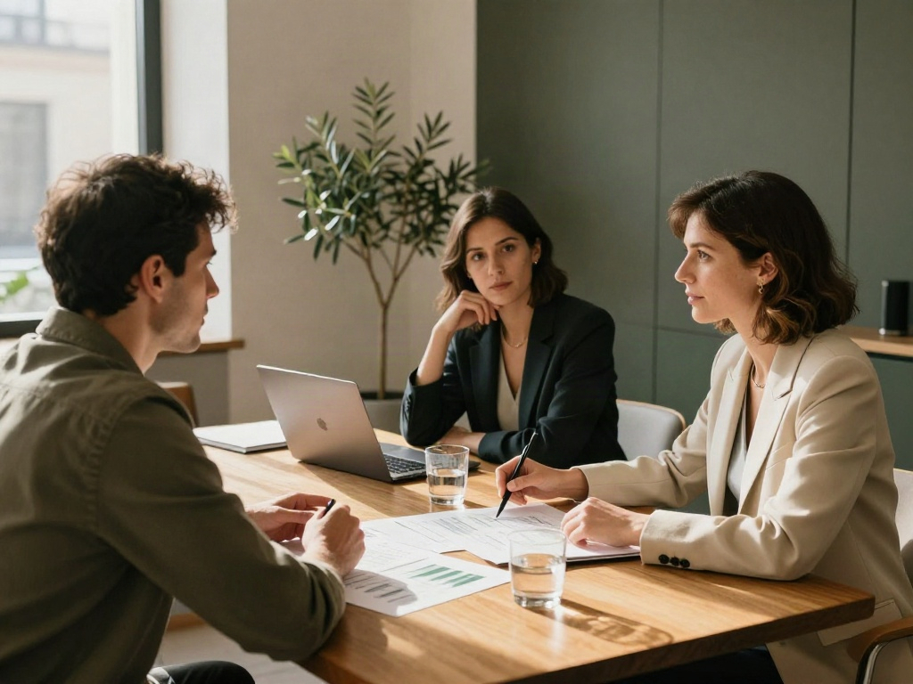 Consulting colleagues reviewing business charts and strategic priorities around a sunlit table