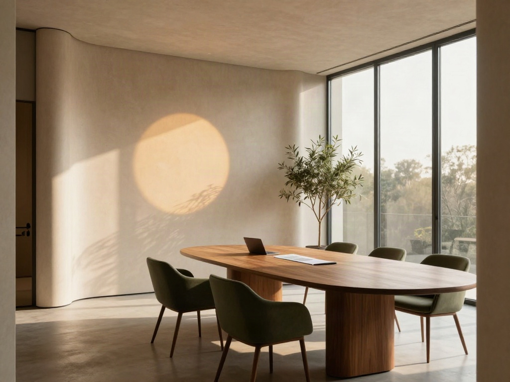 Warm morning sunlight across a contemporary boardroom with an oak conference table and olive-green chairs